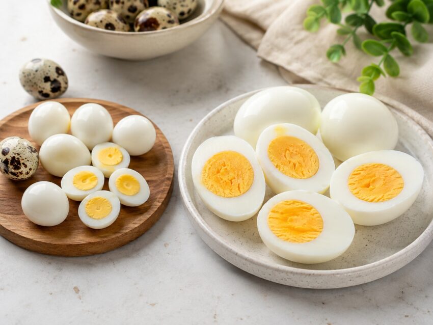 Вареные куриные и перепелиные яйца Вареные куриные и перепелиные яйца, очищенные и разрезанные пополам